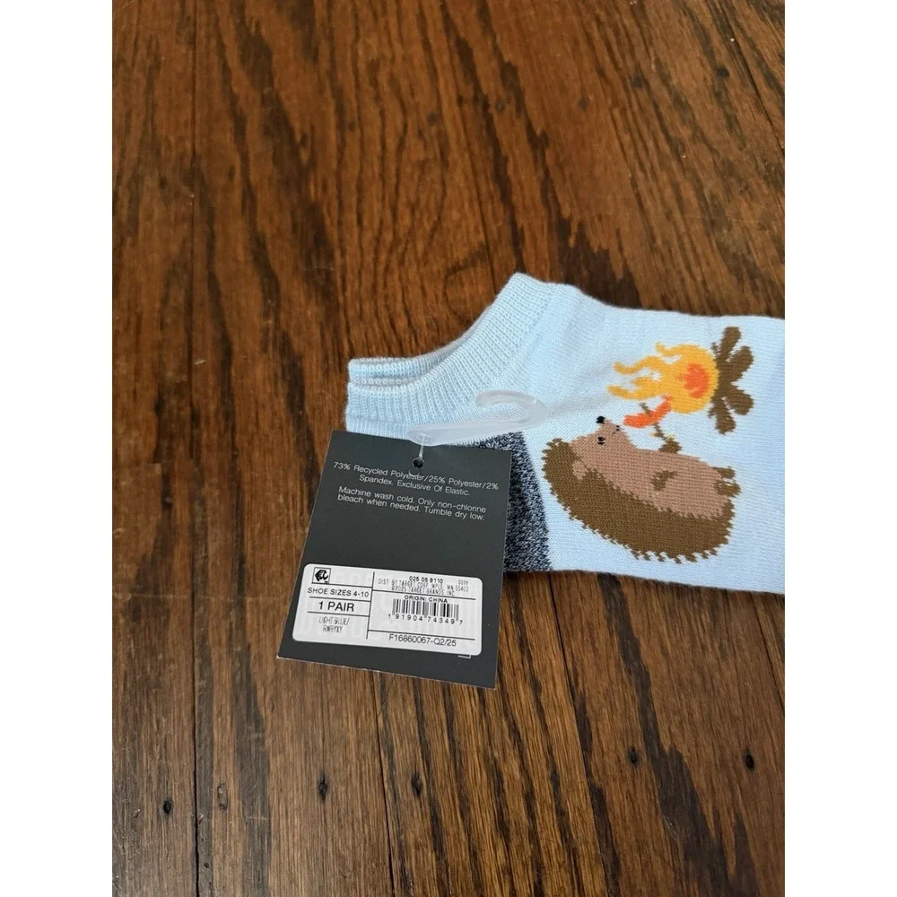 Women's Hello Socks! Light Blue Camping Hedgehogs Low Cut Socks Size 4-10 NWT
